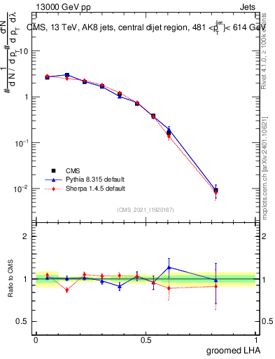 Plot of j.lha.g in 13000 GeV pp collisions