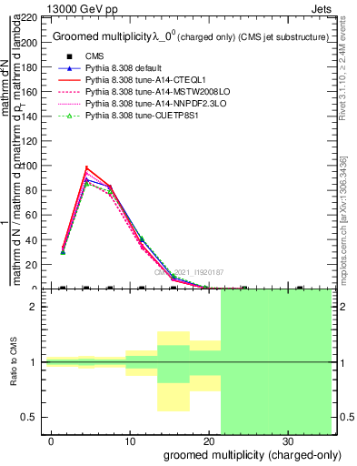 Plot of j.nch.g in 13000 GeV pp collisions