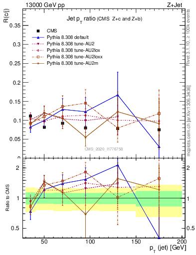 Plot of j.pt_j.pt in 13000 GeV pp collisions